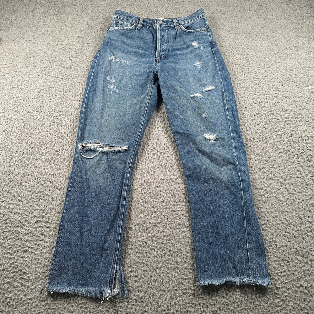 AGOLDE Women's Riley Crop Jeans 25 Distressed Light Wash Frayed Hem Button Fly‎